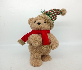 OSO DECORATIVO NAVIDEÑO PELUCIA PARADO MARRON CON ROJO 17*15*34CM Y GORRITA
