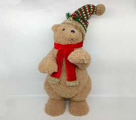 OSO DECORATIVO NAVIDEÑO PELUCIA PARADO MARRON CON ROJO 31*25*62CM Y GORRITA Y