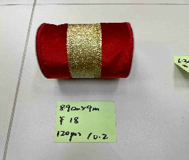 CINTA DECORATIVO 8.9CM*9M NAVIDEÑO ROJO CON DORADO AVELUDADO