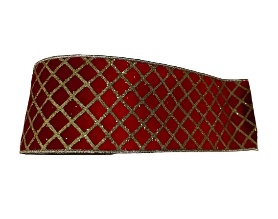 CINTA NAVIDEÑA DECORATIVA ROJO SANGRE 6.3CM*9M AVELUDADO TRAMADO EN DORADO