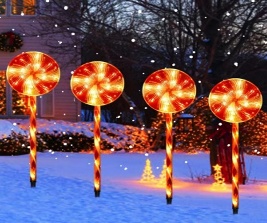 POSTE SUELO BASTON DE JARDIN PIRULITO 18CM 3PC DECORATIVO NAVIDEÑO ENEERGIA SOLAR