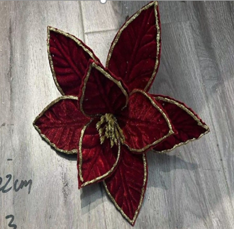 FLOR DECORATIVO NAVIDEÑO ROJO AVELUDADO 22CM CON DORADO